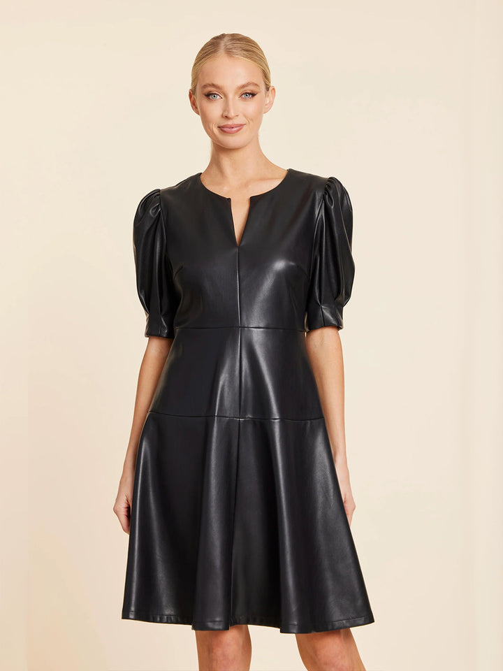 Faux Leather Short Sleeve Dress in Black