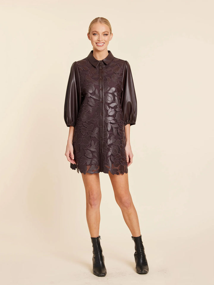 Faux Leather Floral Cut Out Dress in Coffee