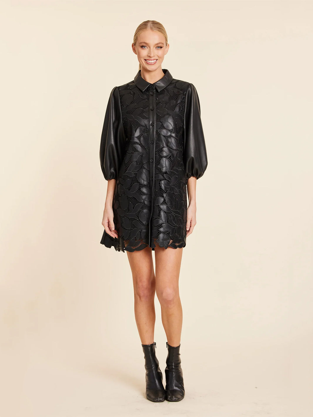 Faux Leather Floral Cut Out Dress in Black