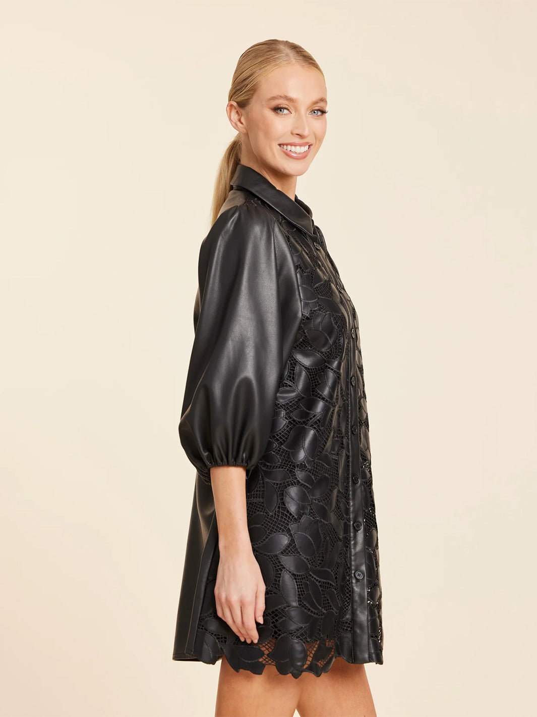 Faux Leather Floral Cut Out Dress in Black