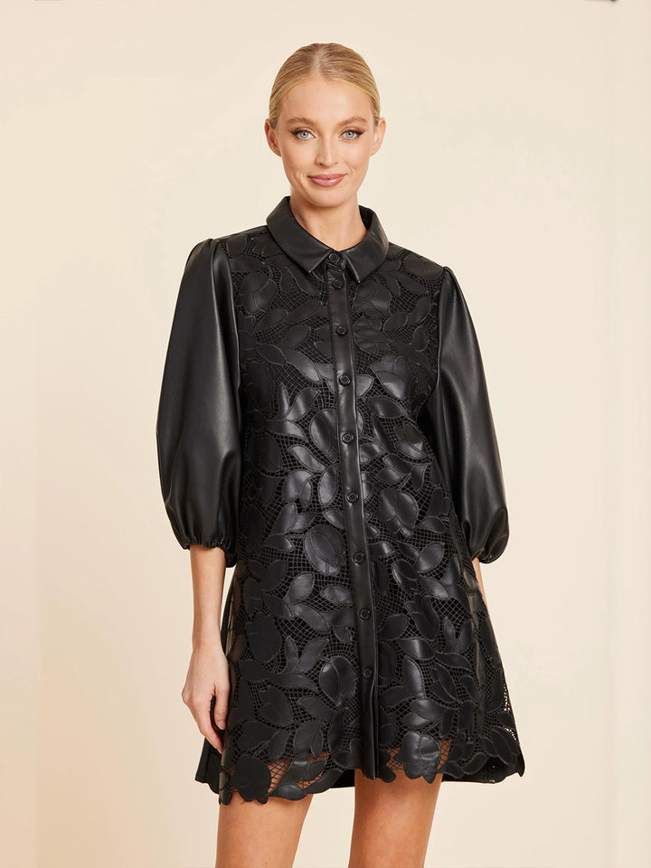 Faux Leather Floral Cut Out Dress in Black