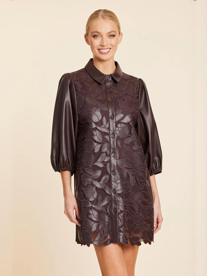 Faux Leather Floral Cut Out Dress in Coffee
