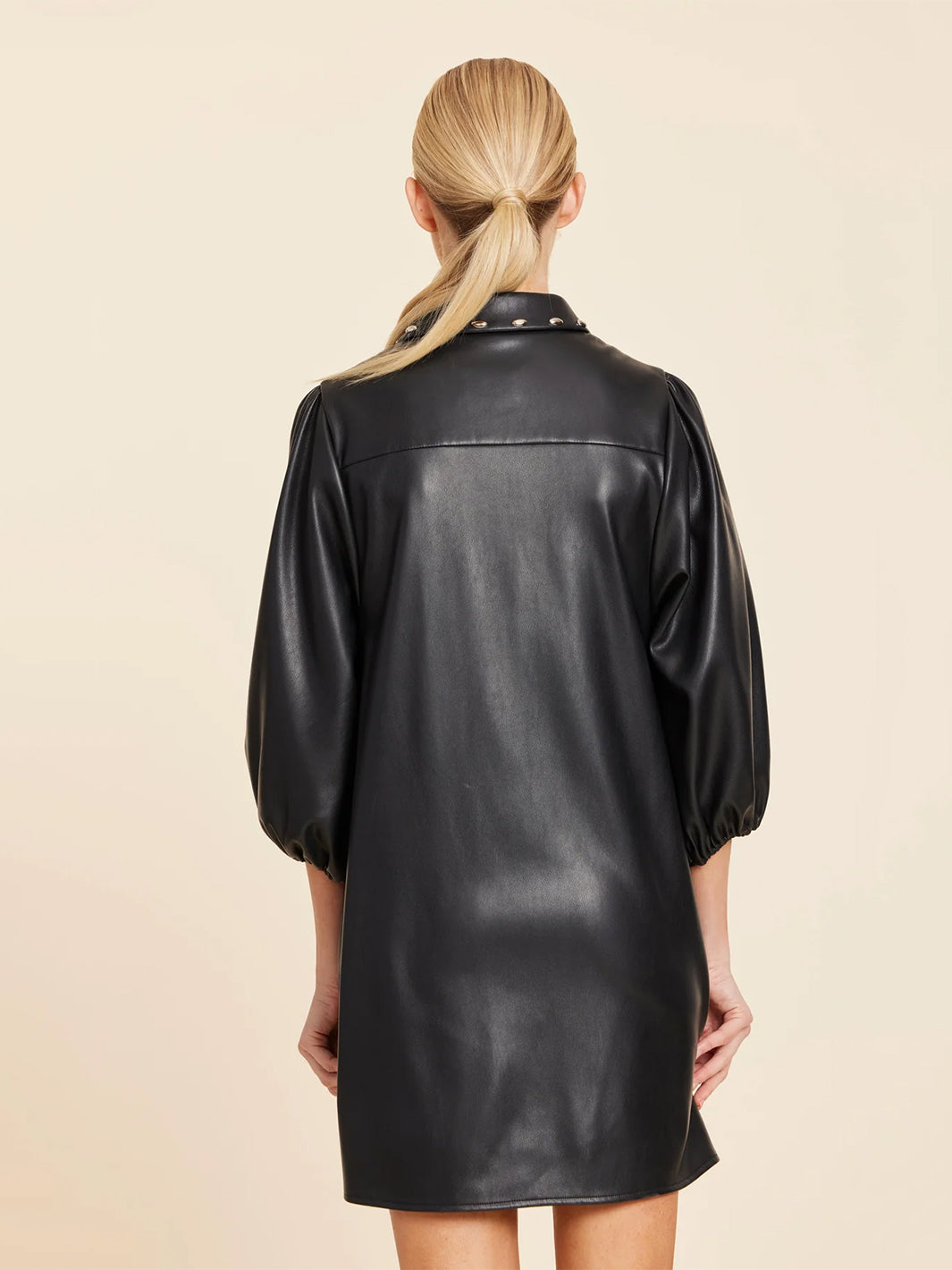 Faux Leather Stud Collar Dress in Black
