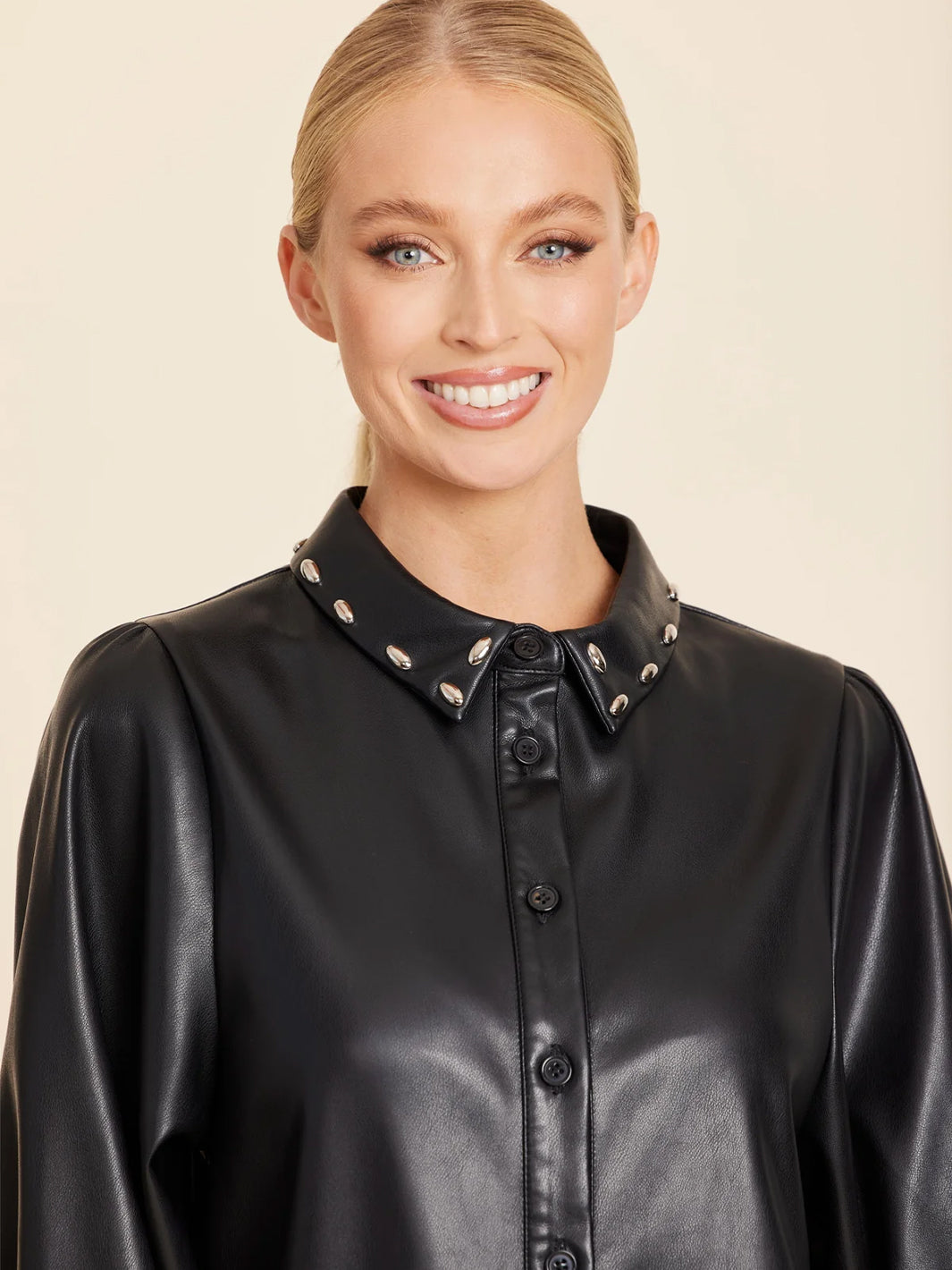 Faux Leather Stud Collar Dress in Black