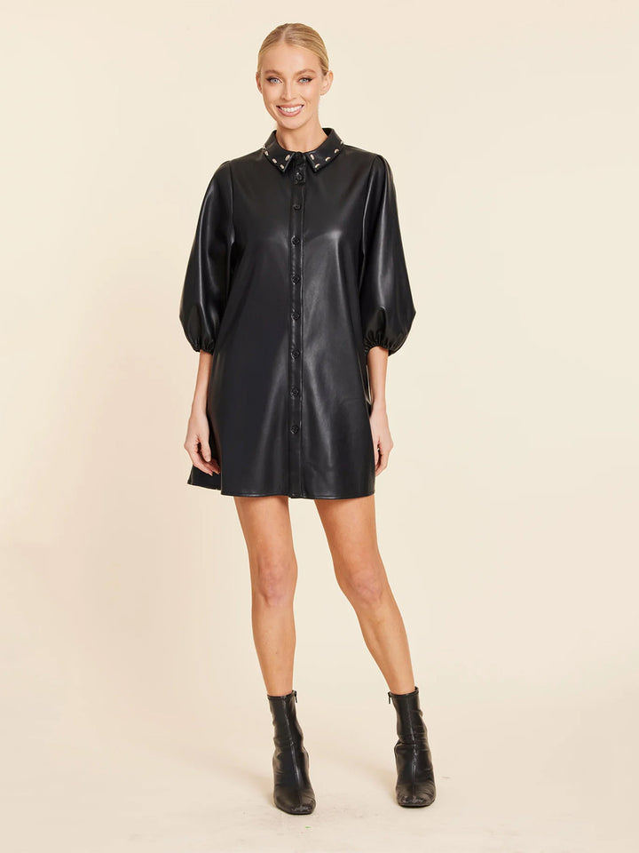 Faux Leather Stud Collar Dress in Black