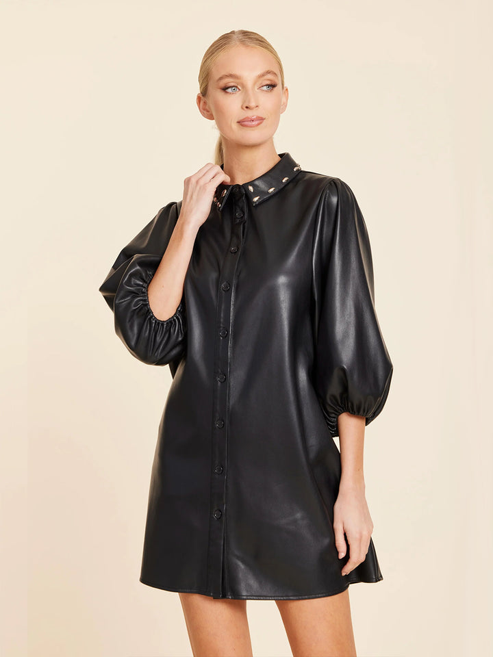 Faux Leather Stud Collar Dress in Black