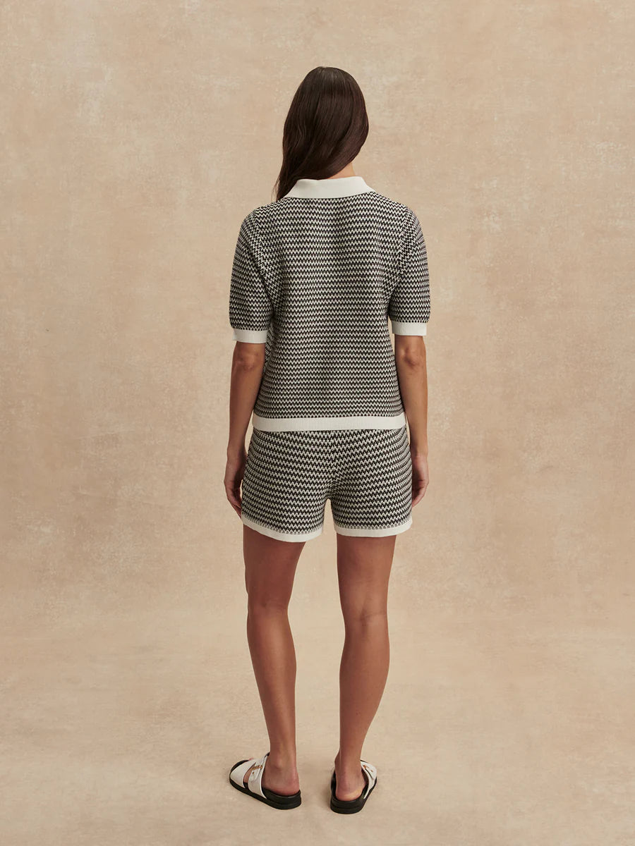 Gaelle Polo Knit Top in Snow White/ Black