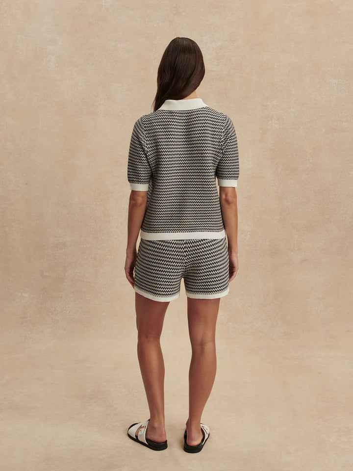 Gaelle Polo Knit Top in Snow White/ Black