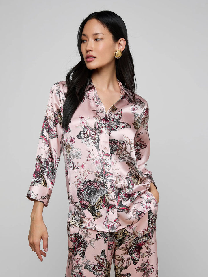 Dani Silk Blouse in Light Nectar Pink Small Multi Butterfly Jungle