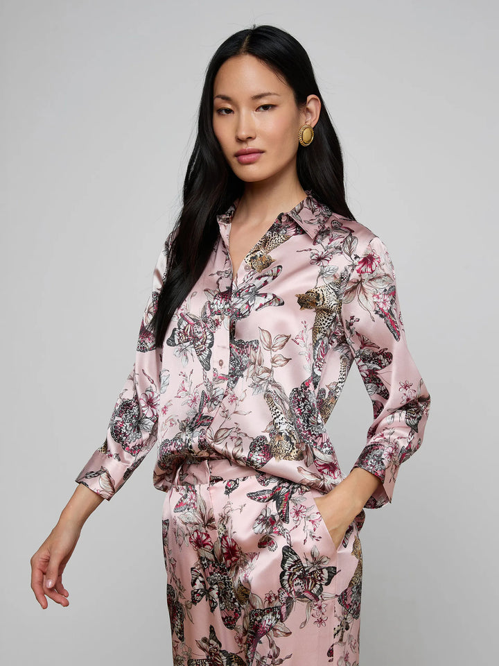 Dani Silk Blouse in Light Nectar Pink Small Multi Butterfly Jungle