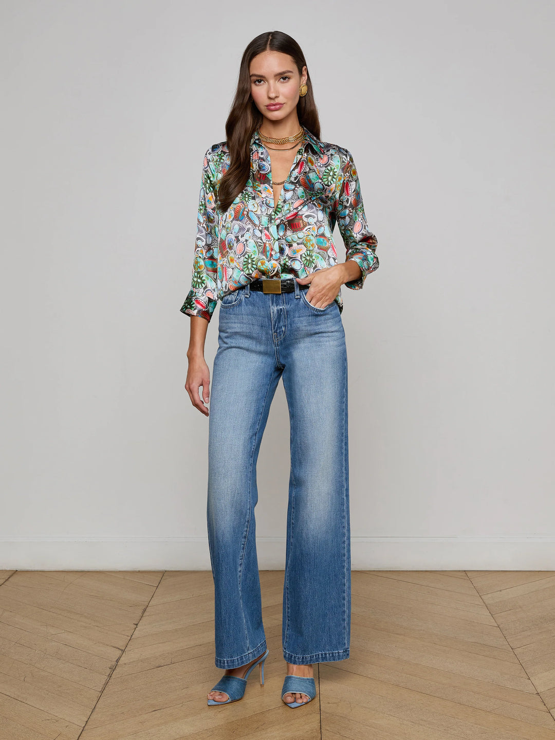 Dani 3/4 Sleeve Silk Blouse in Multi Mix Turquoise Rings