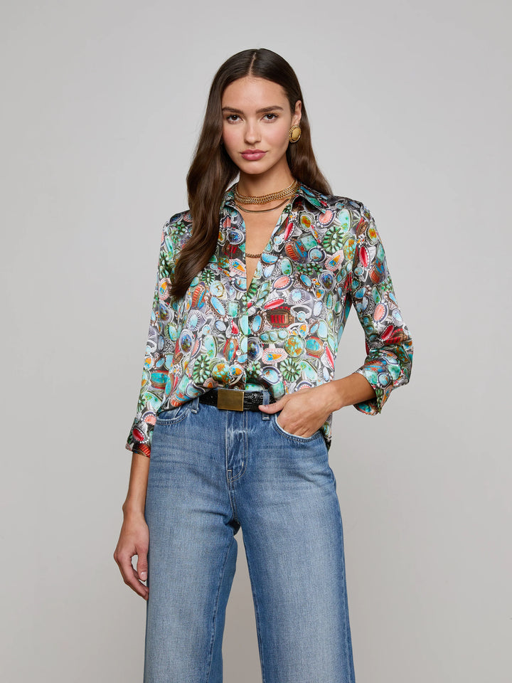 Dani 3/4 Sleeve Silk Blouse in Multi Mix Turquoise Rings