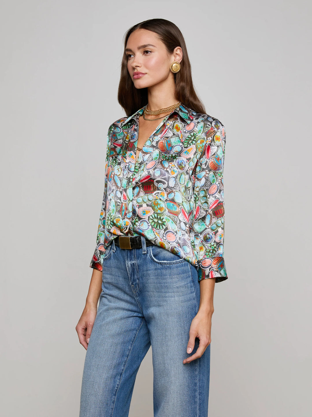 Dani 3/4 Sleeve Silk Blouse in Multi Mix Turquoise Rings