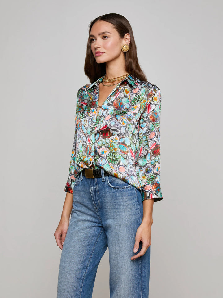 Dani 3/4 Sleeve Silk Blouse in Multi Mix Turquoise Rings