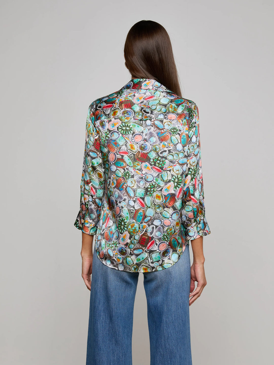 Dani 3/4 Sleeve Silk Blouse in Multi Mix Turquoise Rings