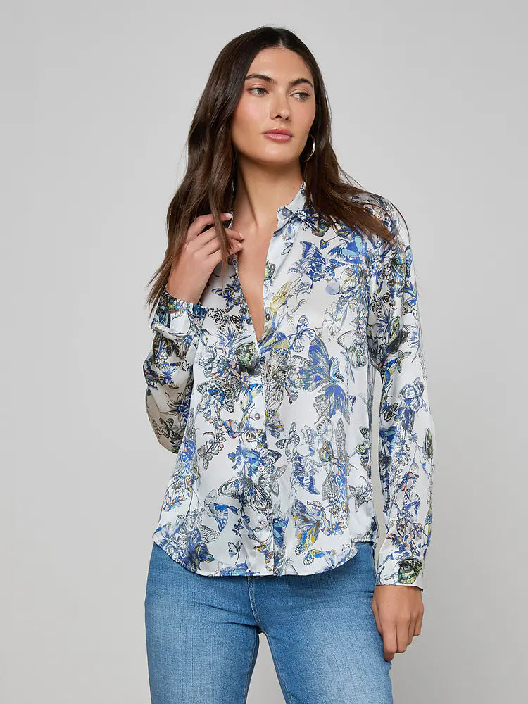 Tyler Silk Blouse in Grey Multi Watercolor Butterfly