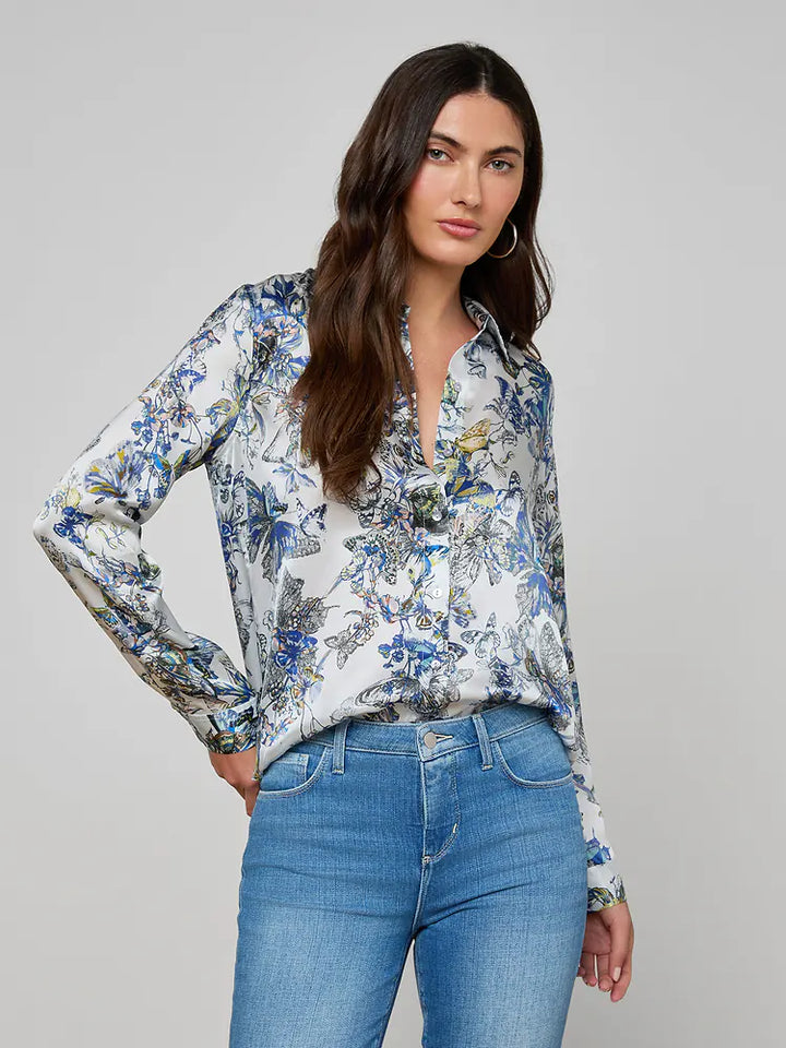 Tyler Silk Blouse in Grey Multi Watercolor Butterfly