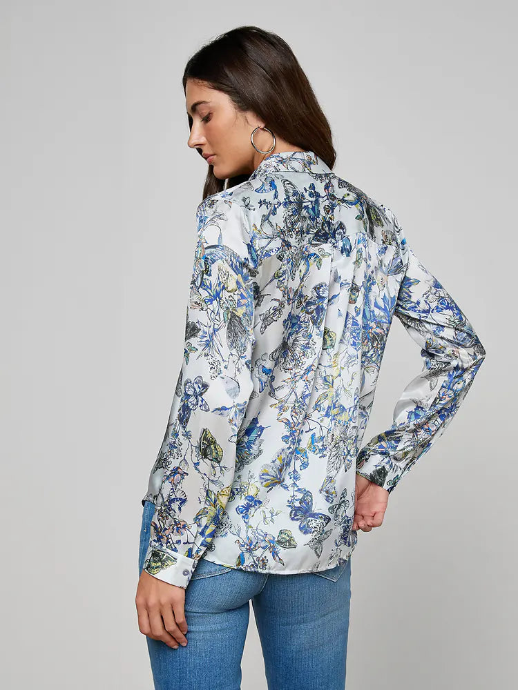 Tyler Silk Blouse in Grey Multi Watercolor Butterfly