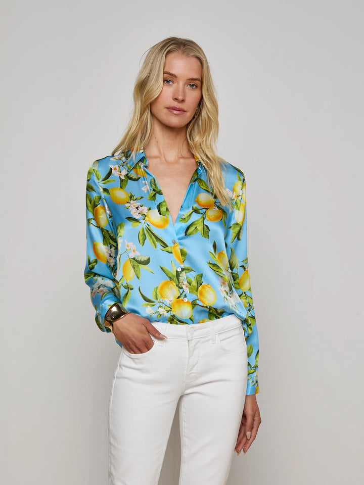 Tyler Silk Blouse in Sky Blue/Yellow Floral Lemon