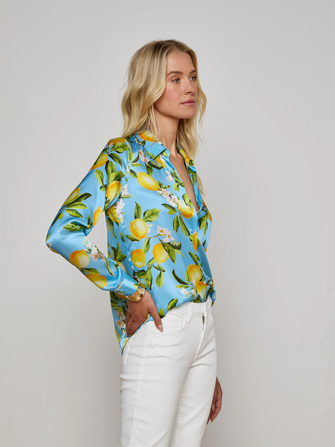Tyler Silk Blouse in Sky Blue/Yellow Floral Lemon