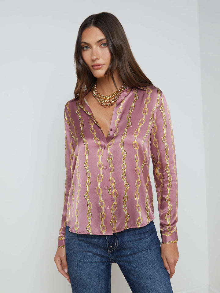 Tyler Long Sleeve Blouse in Mauve Rose Metallic Chain