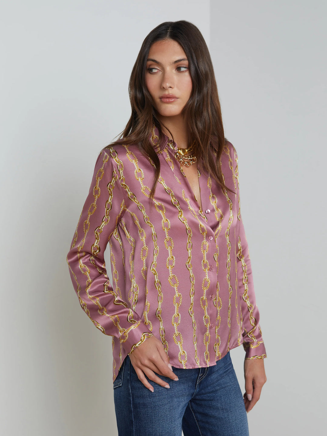 Tyler Long Sleeve Blouse in Mauve Rose Metallic Chain