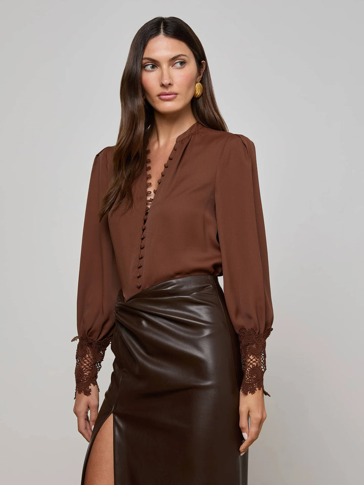 Ava Lace Cuff Blouse in Hot Fudge