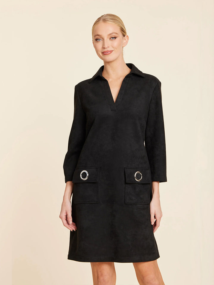 Faux Suede Dress With Grommets in Black