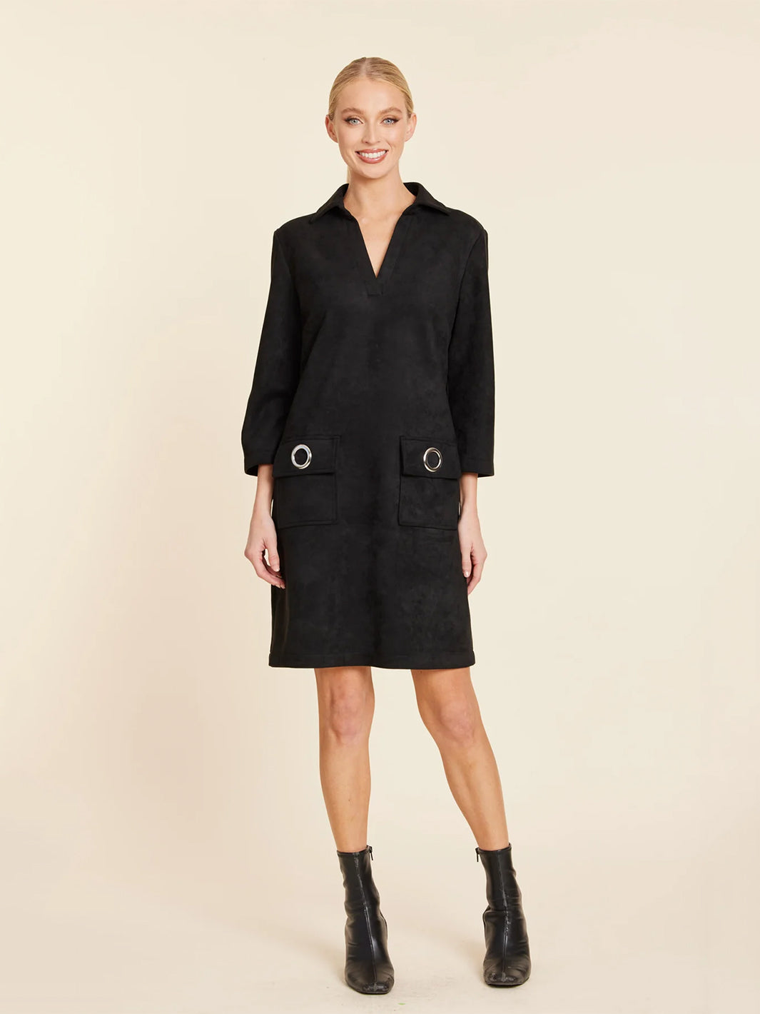 Faux Suede Dress With Grommets in Black