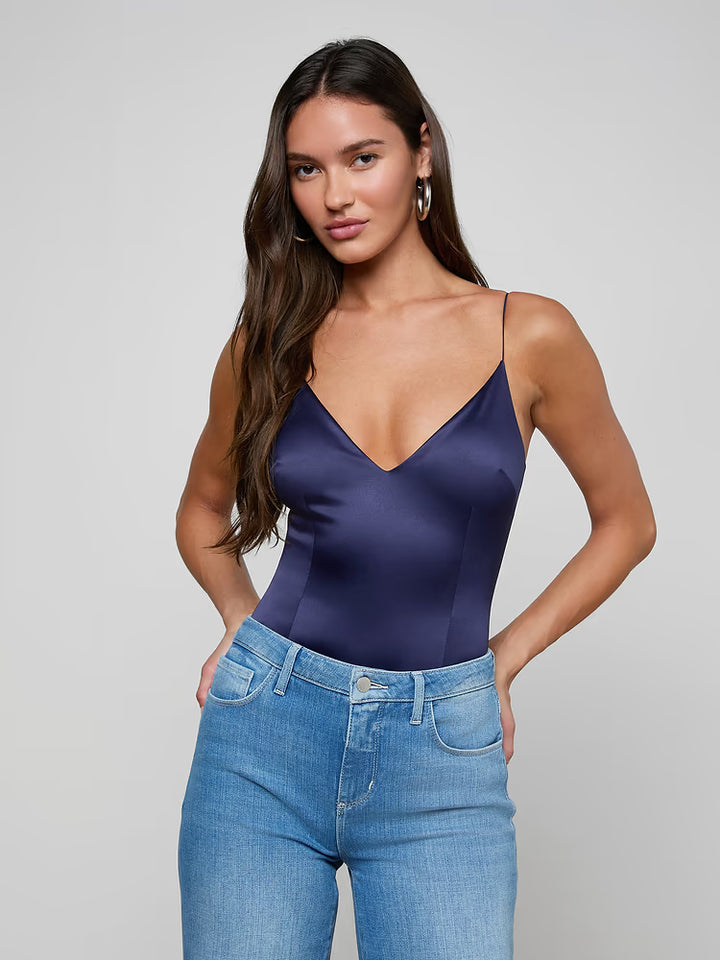 Dara Stretch-Satin Bodysuit in Midnight