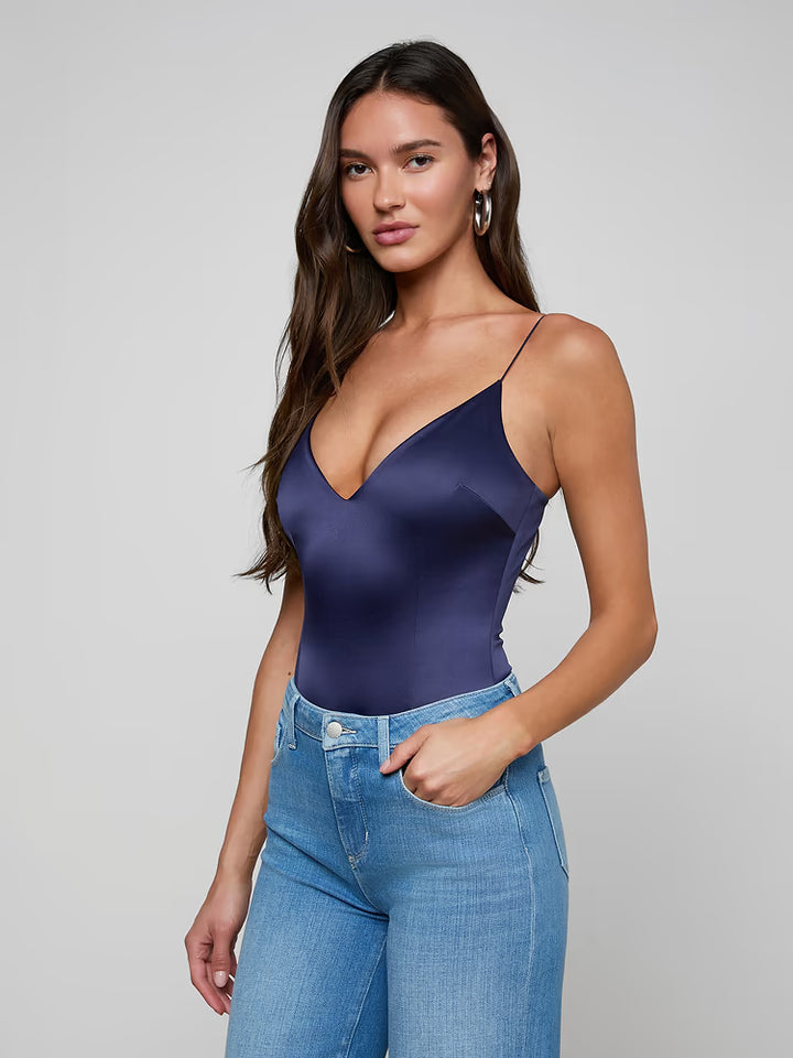 Dara Stretch-Satin Bodysuit in Midnight