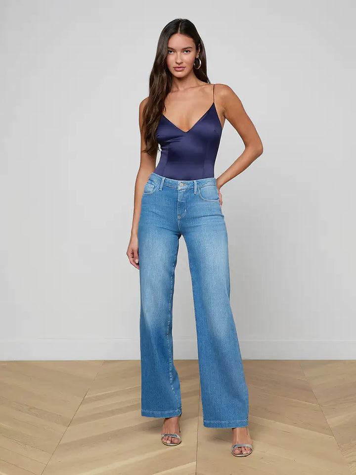 Dara Stretch-Satin Bodysuit in Midnight
