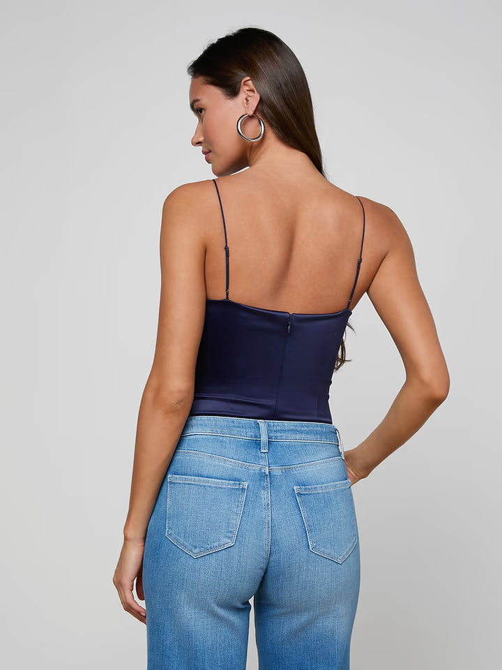 Dara Stretch-Satin Bodysuit in Midnight