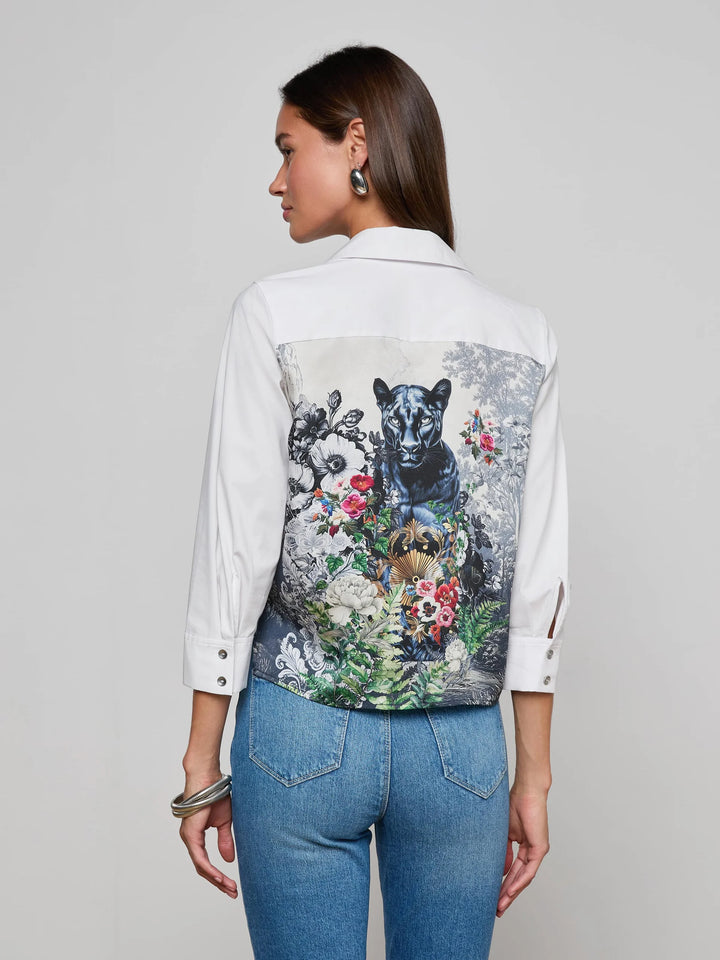Fawn Panther Print Shirt in Ivory Multi Floral Panther Scarf
