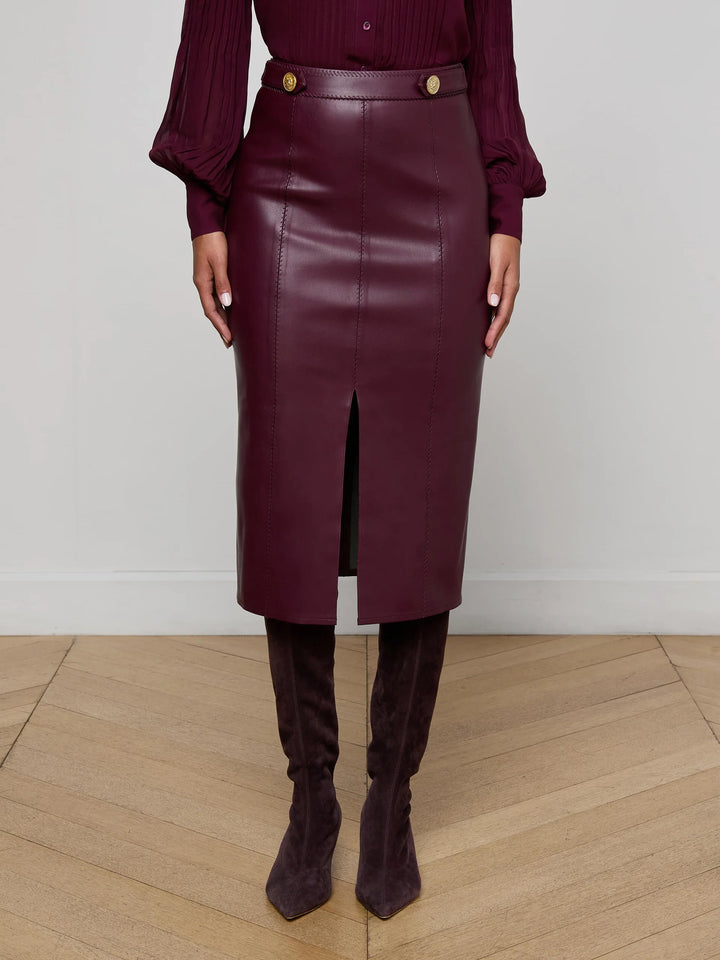 Arlette Vegan Leather Midi Skirt in Dark Port