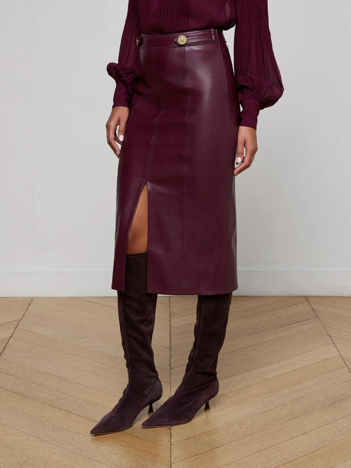 Arlette Vegan Leather Midi Skirt in Dark Port