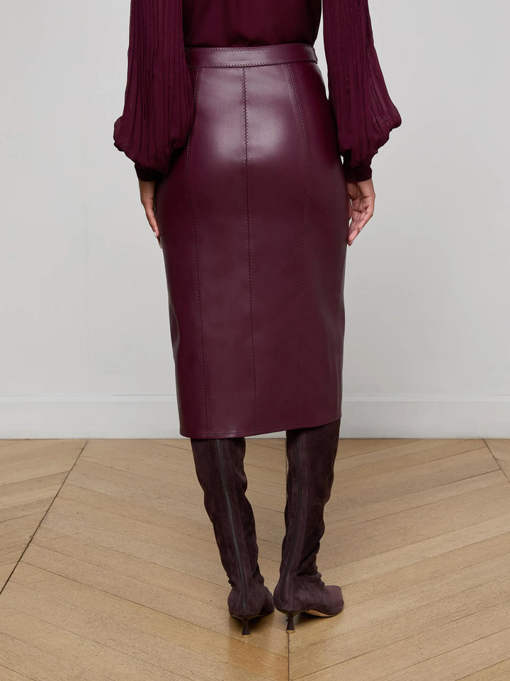 Arlette Vegan Leather Midi Skirt in Dark Port
