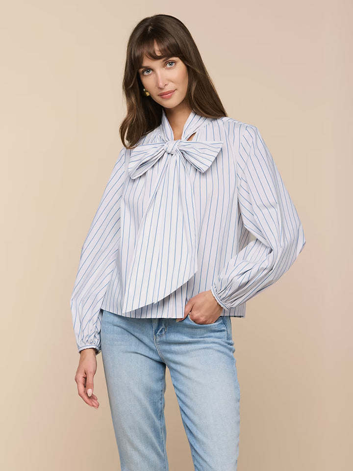 Deon Tie-Neck Blouse in White/Thin Blue Mist Stripe