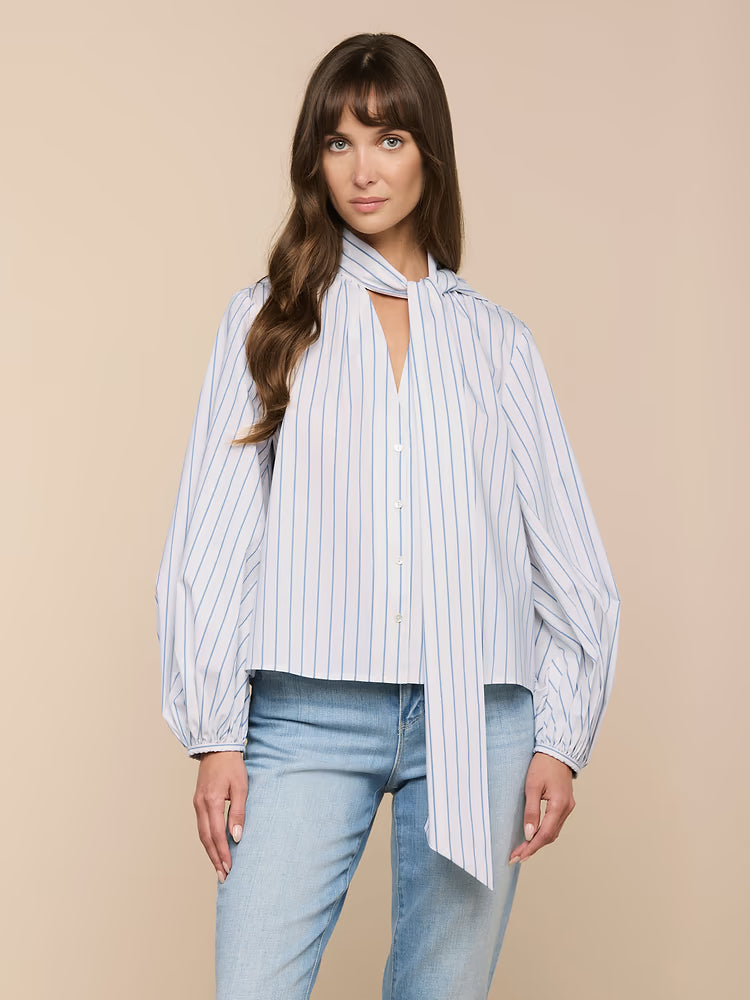Deon Tie-Neck Blouse in White/Thin Blue Mist Stripe