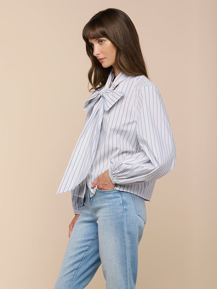Deon Tie-Neck Blouse in White/Thin Blue Mist Stripe