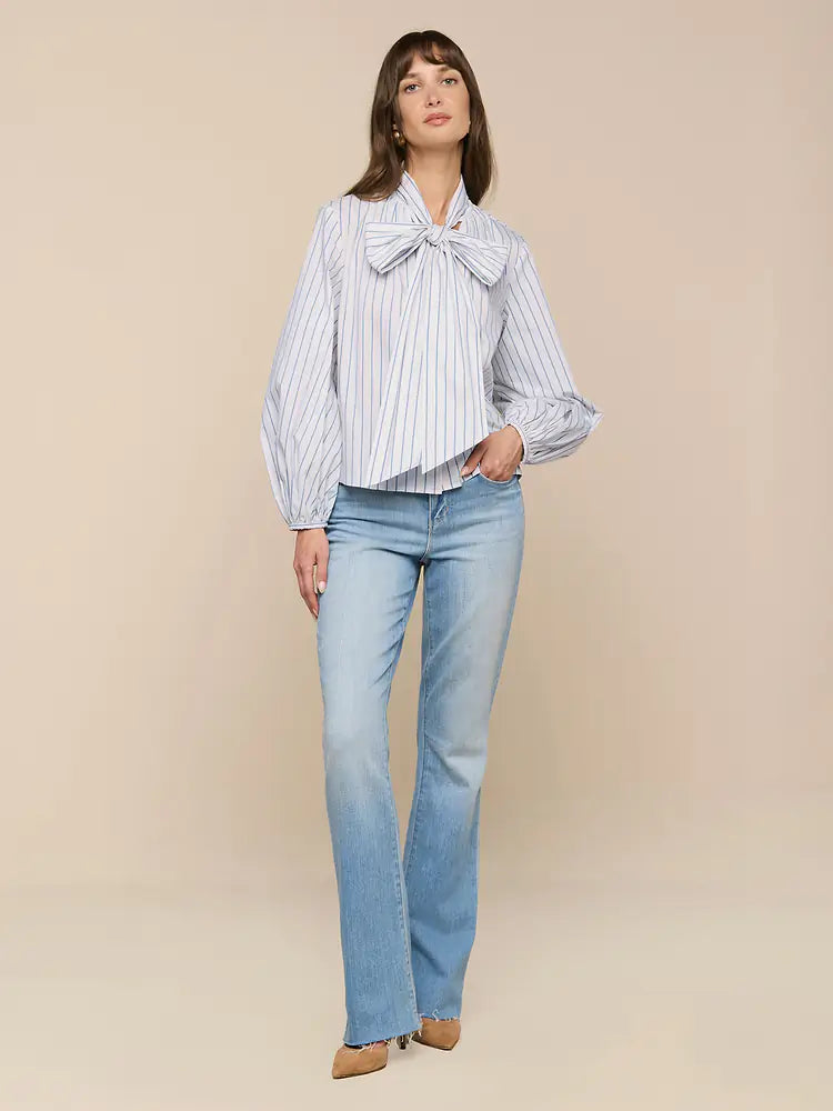 Deon Tie-Neck Blouse in White/Thin Blue Mist Stripe