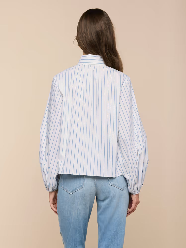 Deon Tie-Neck Blouse in White/Thin Blue Mist Stripe