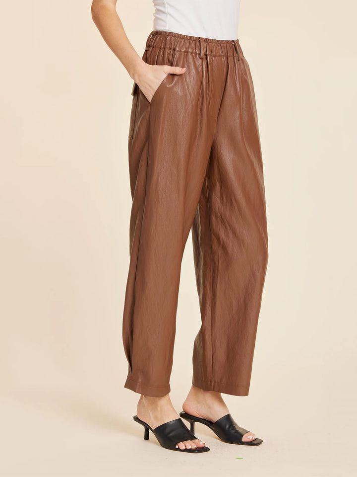 Faux Leather Barrel Leg Pant in Toffee