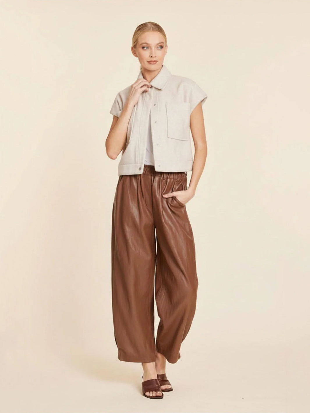 Faux Leather Barrel Leg Pant in Toffee