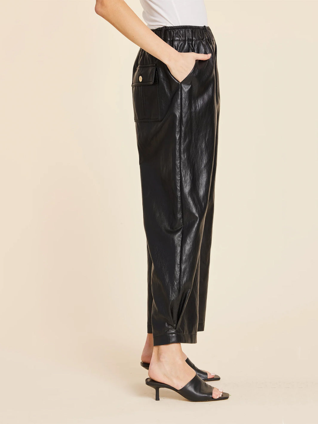 Faux Leather Barrel Leg Pant in Black