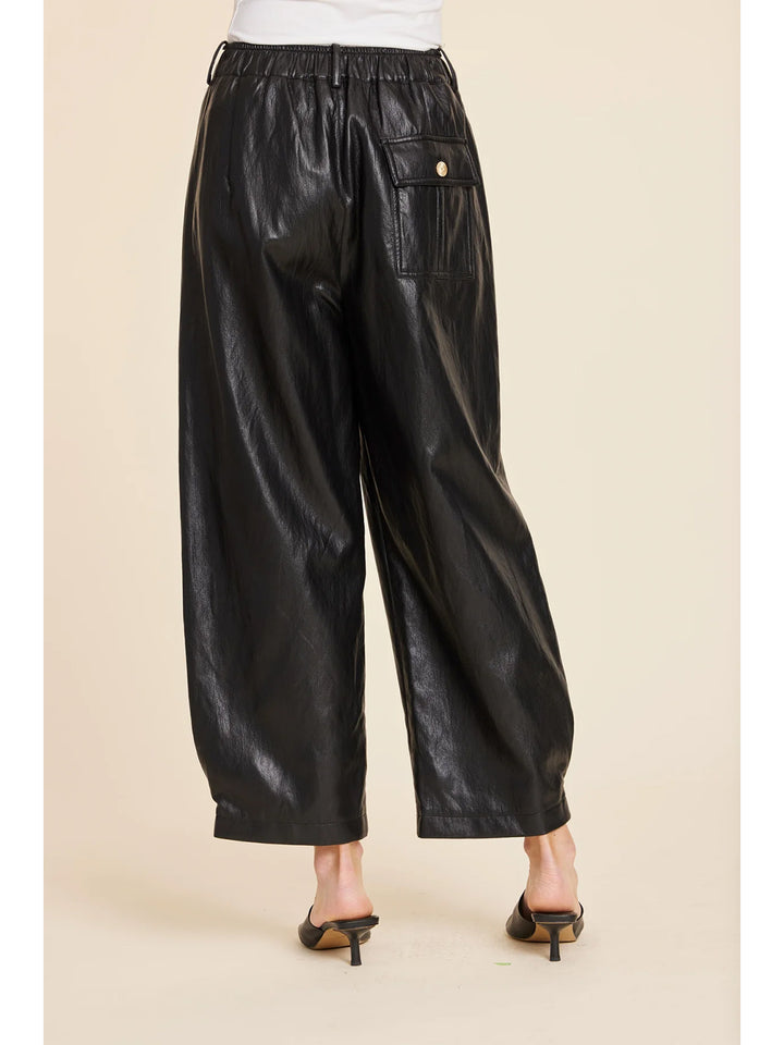 Faux Leather Barrel Leg Pant in Black