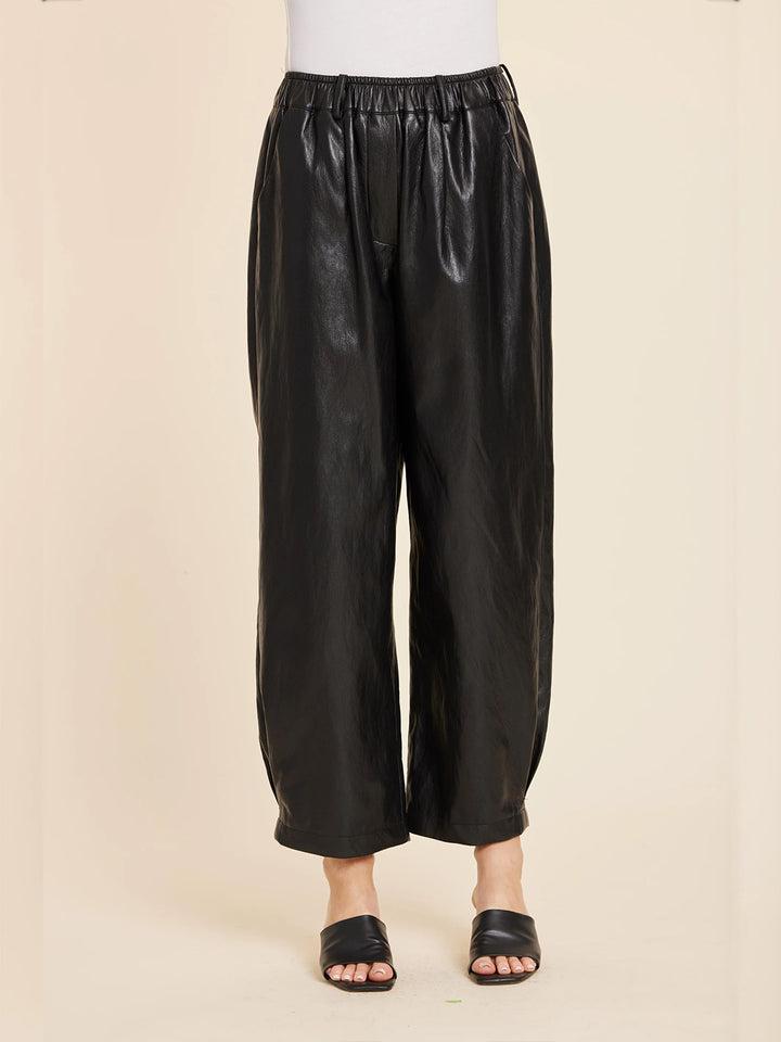 Faux Leather Barrel Leg Pant in Black