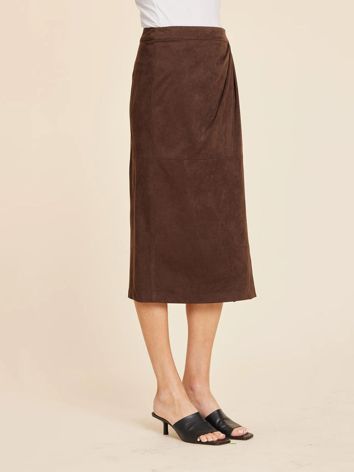 Faux Suede Ruched Midi Wrap Skirt in Coffee