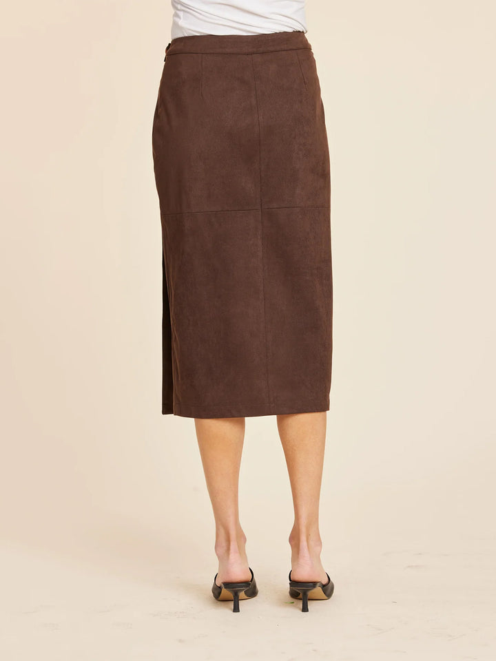 Faux Suede Ruched Midi Wrap Skirt in Coffee