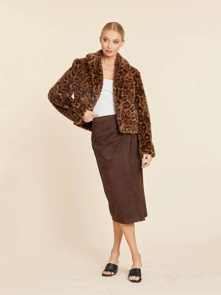 Faux Suede Ruched Midi Wrap Skirt in Coffee